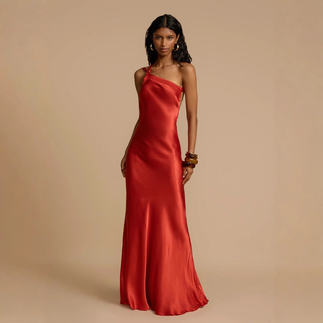 Women's Off-Shoulder Satin Long Dress – A-Line Party Dress, Sizes S–XL