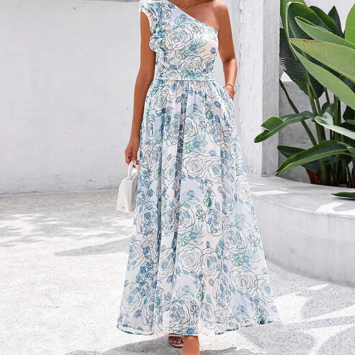 Women's Single Shoulder Floral Maxi Dress – High Waist A-Line, Sizes S–XL
