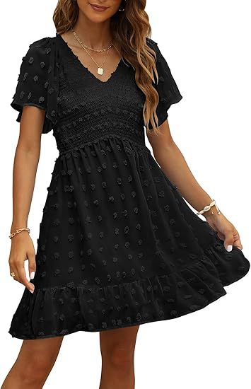 Women's V-Neck Chiffon Mini Dress – Elegant Ruffle Short Sleeve, Sizes S–2XL