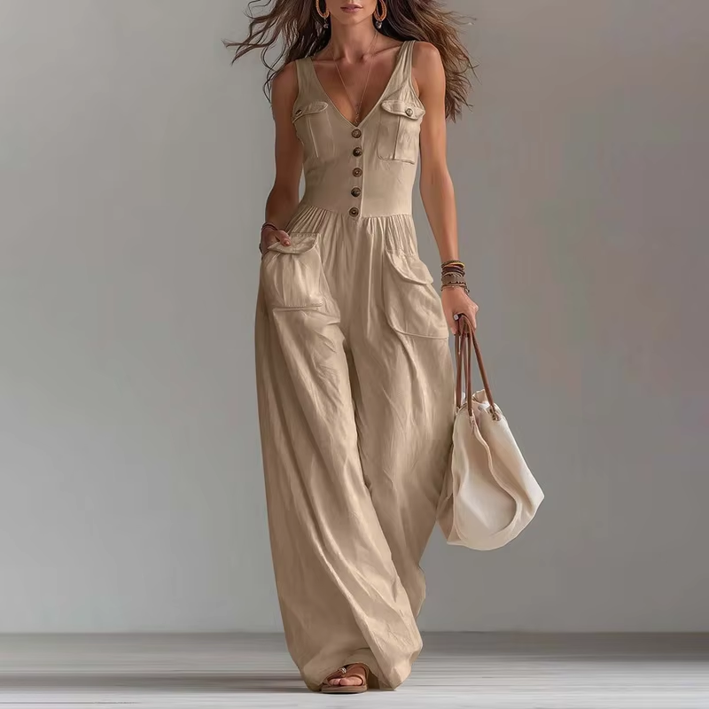 Women's V-Neck Sleeveless Jumpsuit with Pockets – Long Leg, Sizes S–2XL