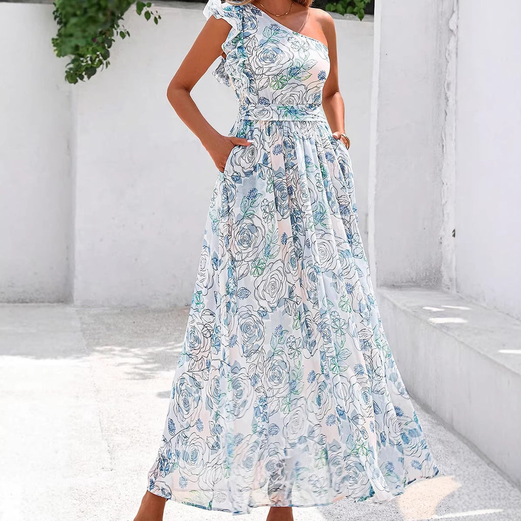 Women's Single Shoulder Floral Maxi Dress – High Waist A-Line, Sizes S–XL
