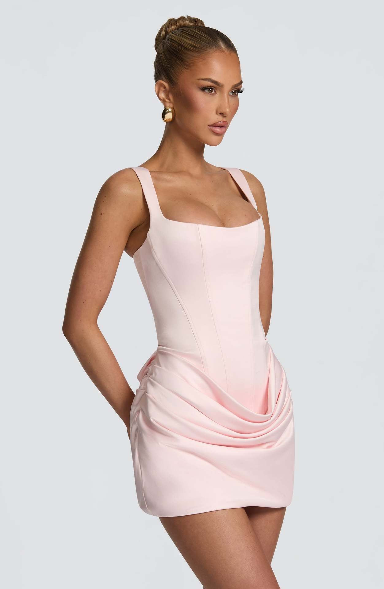 Women's Square Neck Bodycon Short Dress – 3D Pleated, Tie Belt, High Waist, Sizes S–XL