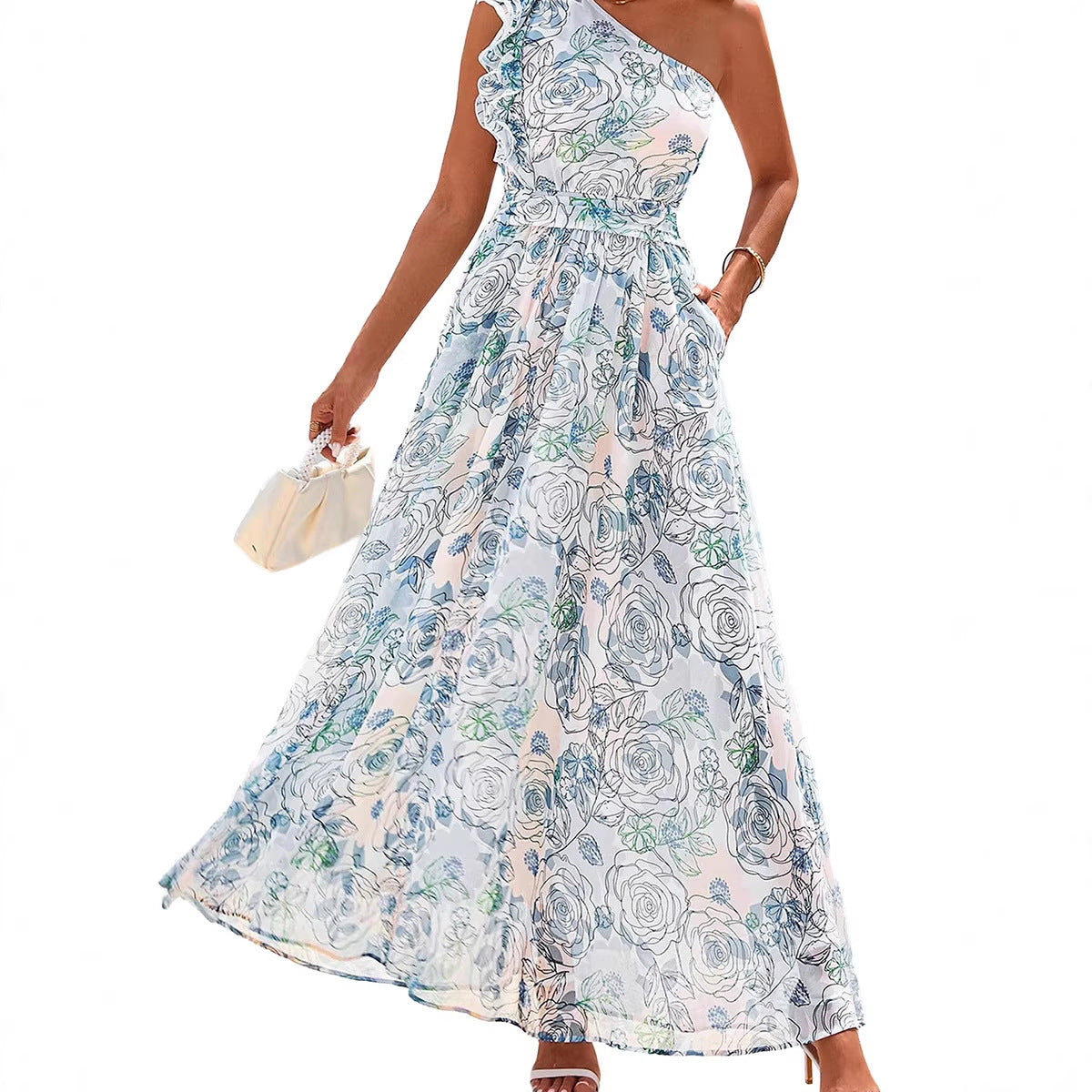 Women's Single Shoulder Floral Maxi Dress – High Waist A-Line, Sizes S–XL