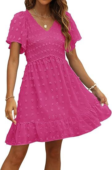 Women's V-Neck Chiffon Mini Dress – Elegant Ruffle Short Sleeve, Sizes S–2XL