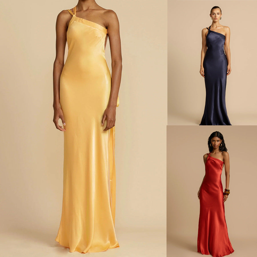 Women's Off-Shoulder Satin Long Dress – A-Line Party Dress, Sizes S–XL
