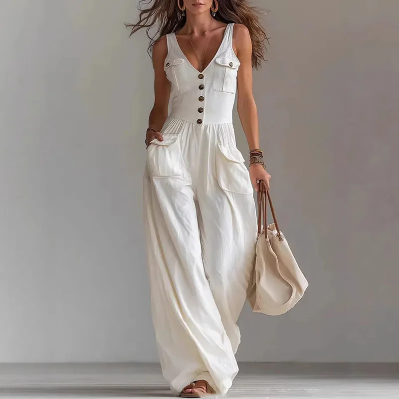 Women's V-Neck Sleeveless Jumpsuit with Pockets – Long Leg, Sizes S–2XL