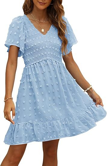 Women's V-Neck Chiffon Mini Dress – Elegant Ruffle Short Sleeve, Sizes S–2XL