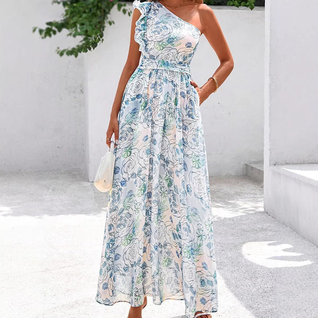 Women's Single Shoulder Floral Maxi Dress – High Waist A-Line, Sizes S–XL
