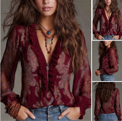 Boho Deep V-Neck Paisley Ruffle Chiffon Shirt