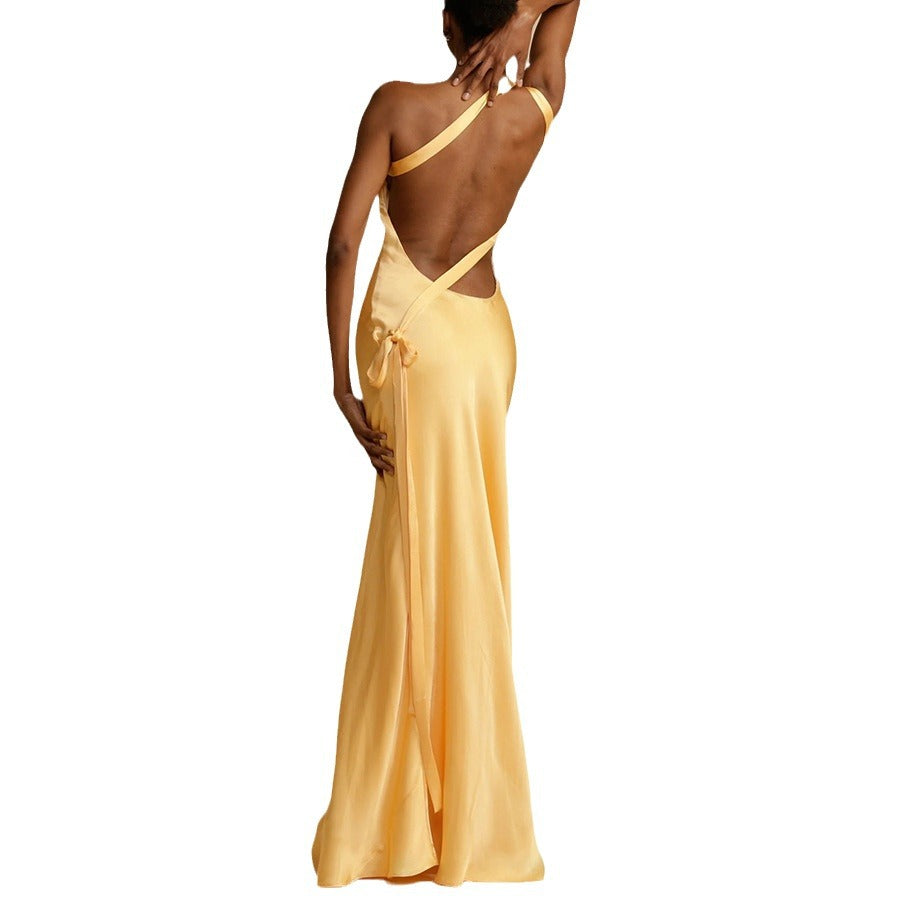 Women's Off-Shoulder Satin Long Dress – A-Line Party Dress, Sizes S–XL