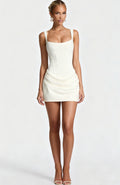 Women's Square Neck Bodycon Short Dress – 3D Pleated, Tie Belt, High Waist, Sizes S–XL