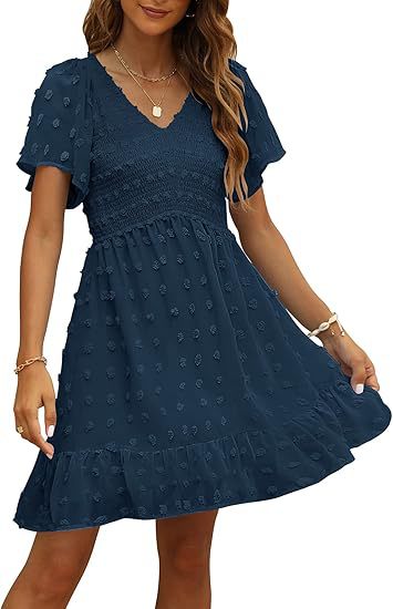 Women's V-Neck Chiffon Mini Dress – Elegant Ruffle Short Sleeve, Sizes S–2XL