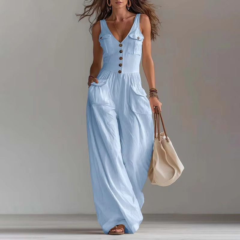 Women's V-Neck Sleeveless Jumpsuit with Pockets – Long Leg, Sizes S–2XL