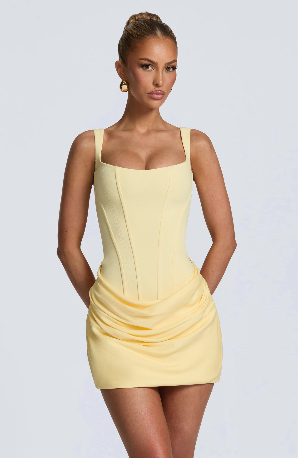 Women's Square Neck Bodycon Short Dress – 3D Pleated, Tie Belt, High Waist, Sizes S–XL