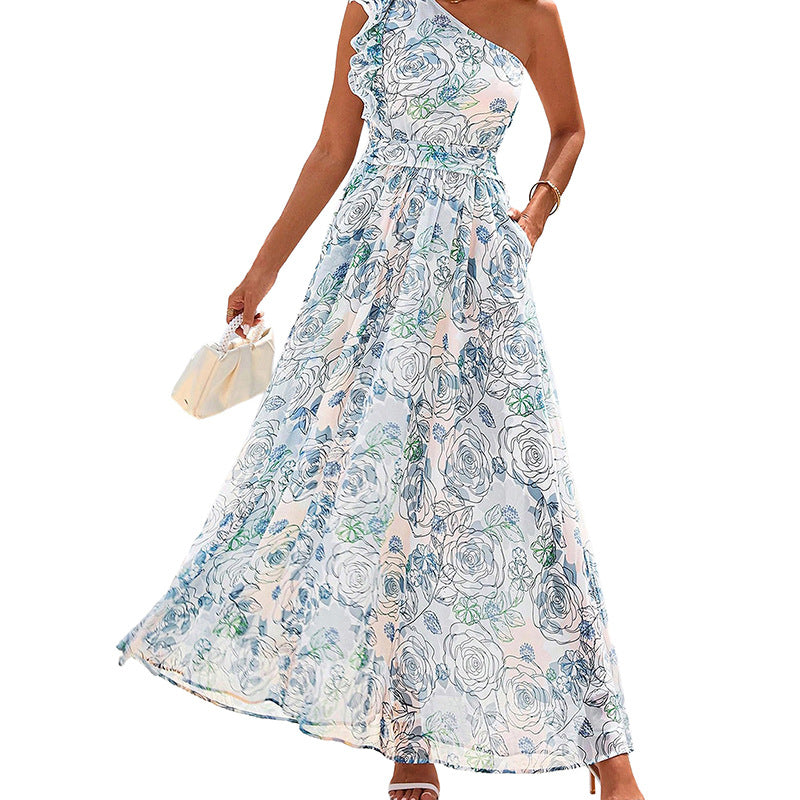 Women's Single Shoulder Floral Maxi Dress – High Waist A-Line, Sizes S–XL