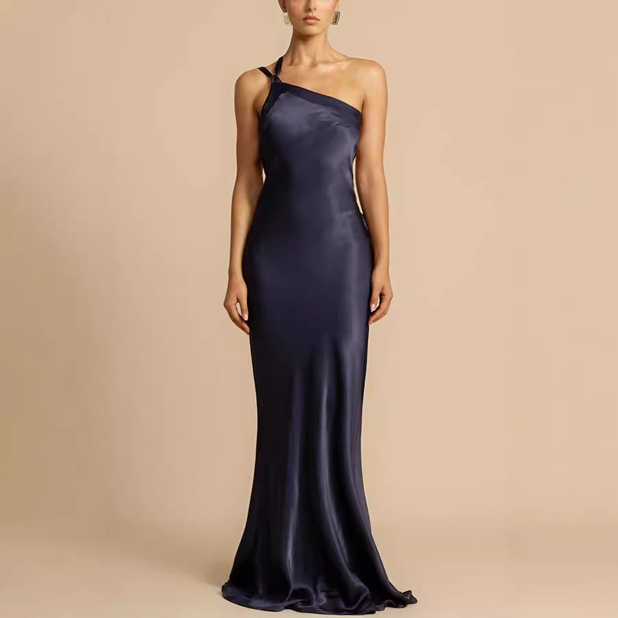 Women's Off-Shoulder Satin Long Dress – A-Line Party Dress, Sizes S–XL