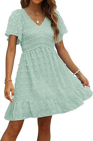 Women's V-Neck Chiffon Mini Dress – Elegant Ruffle Short Sleeve, Sizes S–2XL