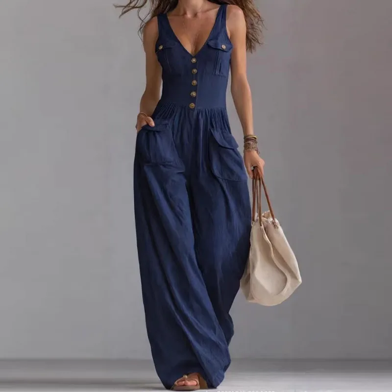 Women's V-Neck Sleeveless Jumpsuit with Pockets – Long Leg, Sizes S–2XL