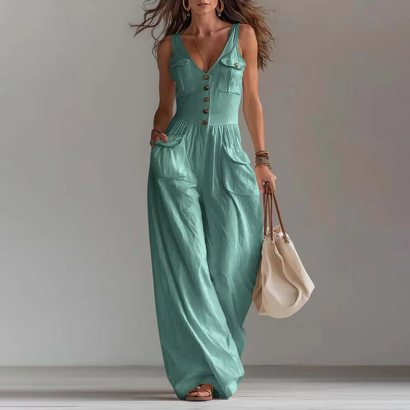 Women's V-Neck Sleeveless Jumpsuit with Pockets – Long Leg, Sizes S–2XL