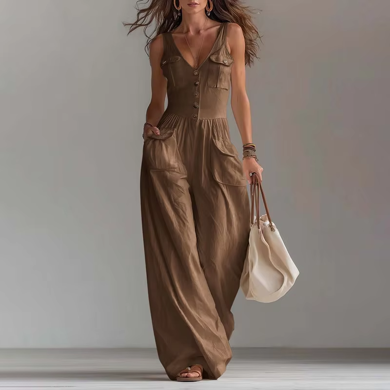Women's V-Neck Sleeveless Jumpsuit with Pockets – Long Leg, Sizes S–2XL