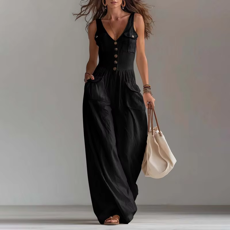 Women's V-Neck Sleeveless Jumpsuit with Pockets – Long Leg, Sizes S–2XL