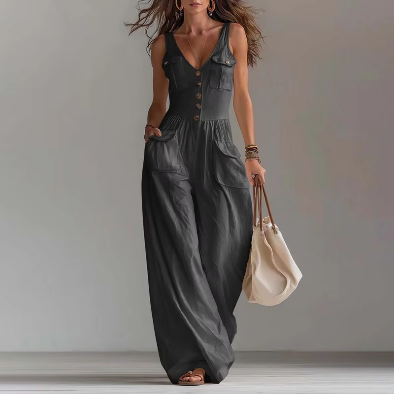 Women's V-Neck Sleeveless Jumpsuit with Pockets – Long Leg, Sizes S–2XL