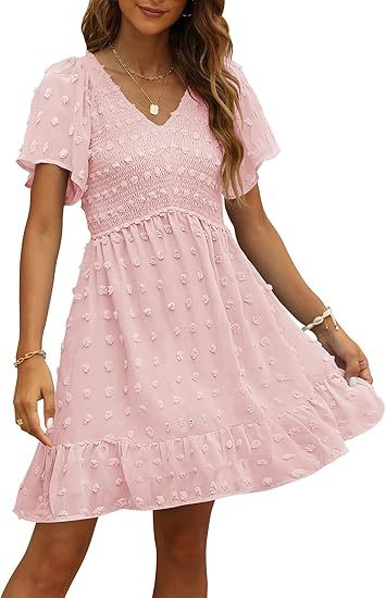 Women's V-Neck Chiffon Mini Dress – Elegant Ruffle Short Sleeve, Sizes S–2XL